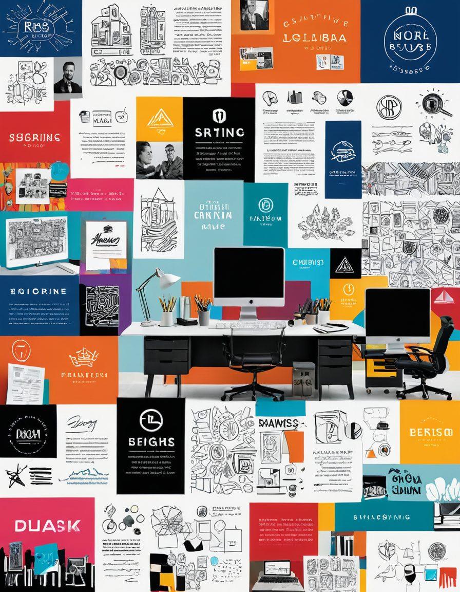 A striking collage showcasing various elements of visual branding, including logos, color palettes, typography, and design sketches. The background features a modern office setting, symbolizing corporate success and creativity. Incorporate diverse professionals collaborating on branding concepts, with vibrant and eye-catching colors emphasizing the importance of design. super-realistic. vibrant colors. contemporary style.