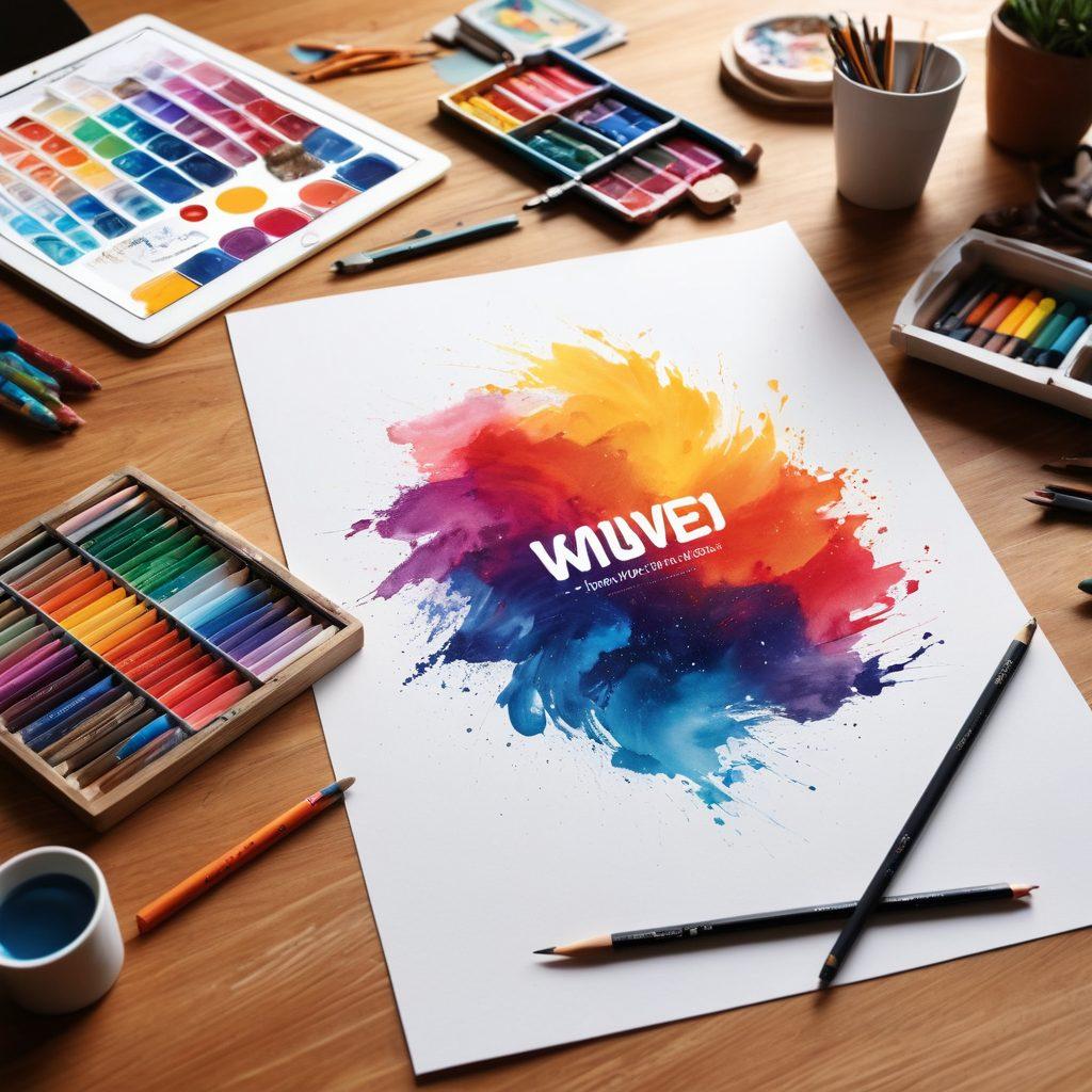 A split-screen design showcasing the journey from a rough sketch of a logo on the left, transforming into a polished, vibrant logo on the right. Include artistic tools like pencils, brushes, and a digital tablet scattered across the table. Use a colorful palette to represent creativity, with swirling paint effects in the background. Emphasize the contrast between traditional and modern design methods. vibrant colors. super-realistic.